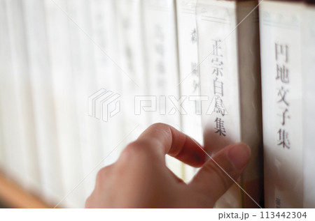 本棚の日本文学全集を手に取る 113442304