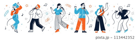Happy people characters singing song with microphones set 113442352