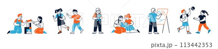 Isolated set of happy children characters enjoying kindergarten activity 113442353