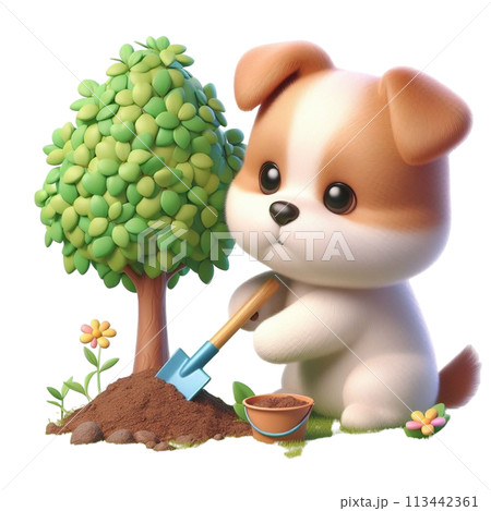 Dog planting a tree 3D render illustration 113442361