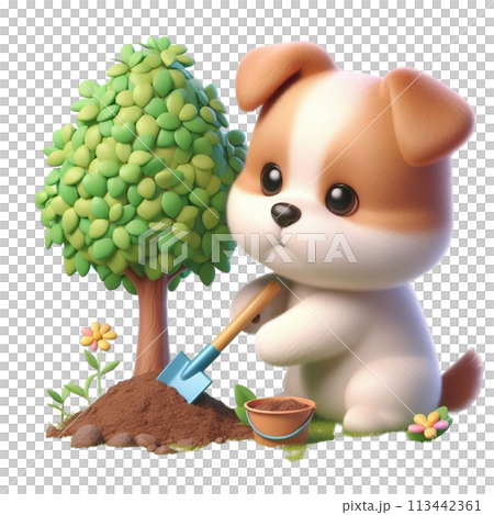 Dog planting a tree 3D render illustration 113442361
