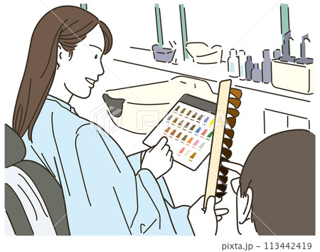 美容室でヘアカラーを選ぶ女性のお客 美容室でヘアカラーを選ぶ女性のお客 113442419