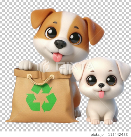 Dog holding a recycling bag 3D render illustration 113442488