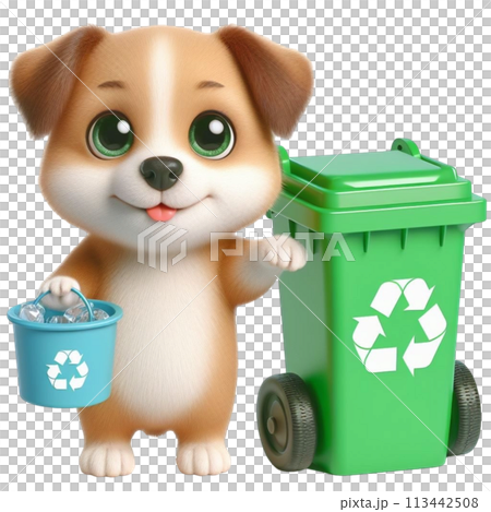 Dog holding a recycling bag 3D render illustration 113442508