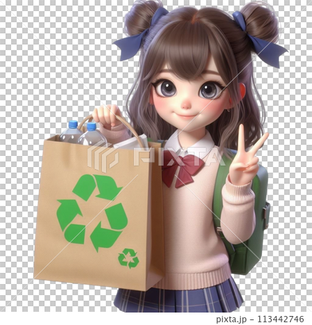 child holding a recycling bag 3D render illustration 113442746