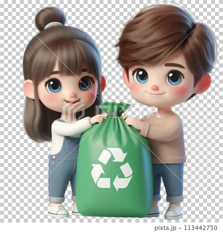 child holding a recycling bag 3D render illustration child holding a recycling bag 3D render illustration 113442750