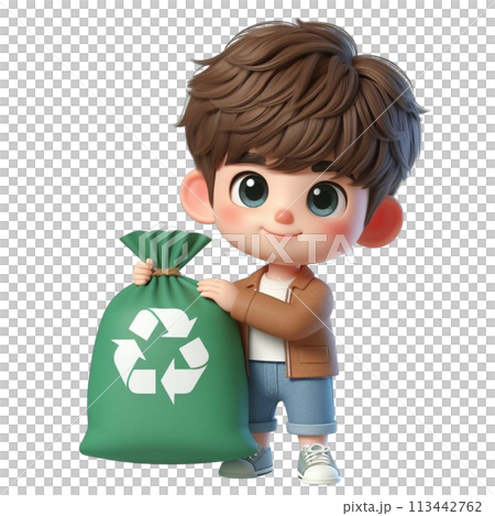 child holding a recycling bag 3D render illustration 113442762