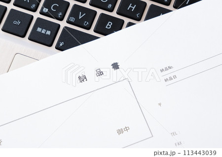商品を納品する際に発行する書類で、納品した商品・サービスの内容や金額などの情報を記載した納品書 113443039