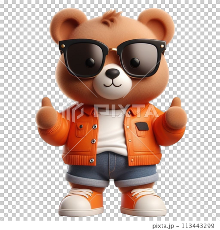 bear wearing an orange fashion outfit 3D render illustration 113443299