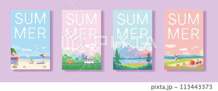 Set of summer travel and vacation posters. Landscapes of sea resorts, mountains and fields. Road with trees and transport near the city. Template for poster, web page or banner. Flat vector 113443373