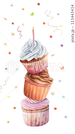 Cupcake muffin candle watercolor drawing card. Birthday candle chocolate cream. Cake confectionery bakery light dessert illustration. Celebration pastry aquarelle flame fire isolated white background 113443414