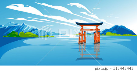red Japanese torii on blue water among mountains. Vector landscape 113443443