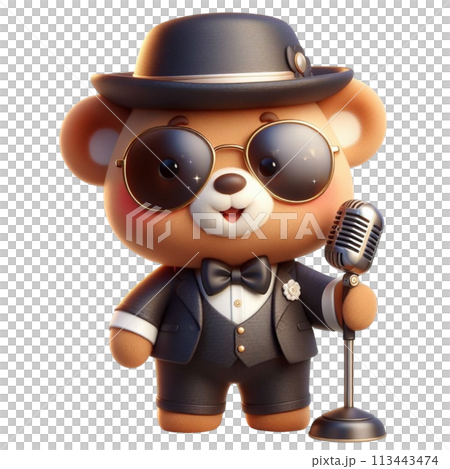 bear holding a microphone and singing 3D render illustration 113443474