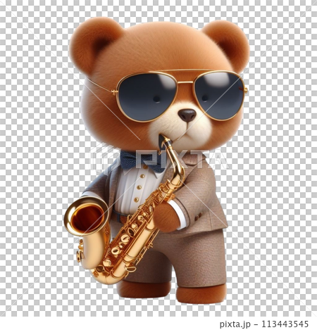 bear holding a saxophone 3D render illustration bear holding a saxophone 3D render illustration 113443545
