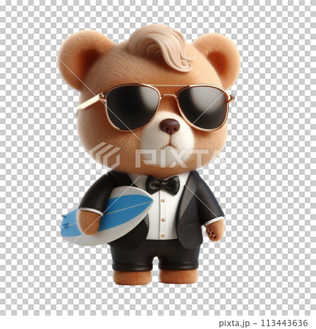bear holding a surfboard 3D render illustration 113443636