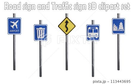 Road sign and traffic sign clipart element ,3D render road sign concept isolated on white background icon set No.35 113443695