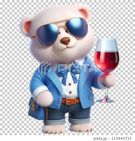 bear holding a wine glass 3D render illustration 113443715