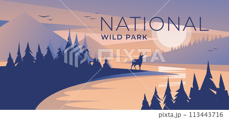 river among pine mountains at blue sunset. Wild deer silhouette. Water reflection. Peaceful landscape vector illustration. Natural animal park. 113443716