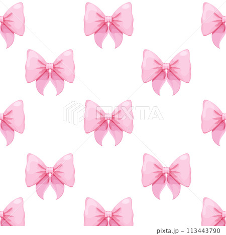 Coquette pink bow ribbon seamless pattern, elegant cute fabric print wallpaper on light background. Coquette pink bow ribbon seamless pattern, elegant cute fabric print wallpaper on light background. 113443790
