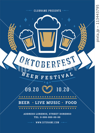 Oktoberfest flyer or poster retro typography template design invitation beer festival celebration vector illustration. Oktoberfest flyer or poster retro typography template design invitation beer festival celebration vector illustration. 113443795