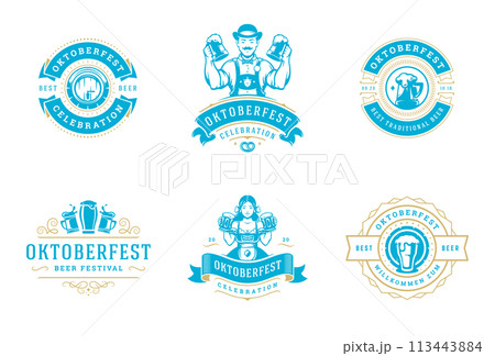 Oktoberfest badges and labels set vintage typographic design templates vector illustration. 113443884