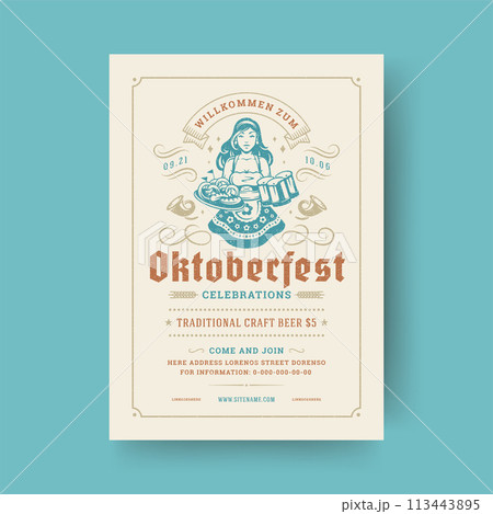 Oktoberfest party flyer vintage typography template design invitation beer festival celebration vector poster. 113443895