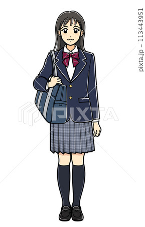 スクールバッグを肩にかけて立つブレザーの女子高生 スクールバッグを肩にかけて立つブレザーの女子高生 113443951