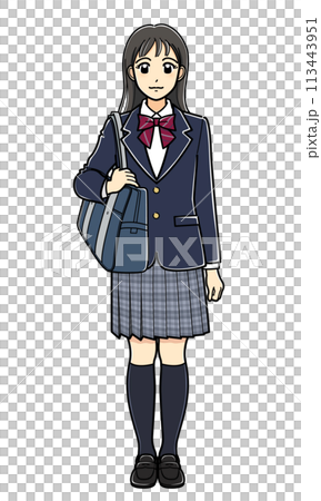 スクールバッグを肩にかけて立つブレザーの女子高生 スクールバッグを肩にかけて立つブレザーの女子高生 113443951