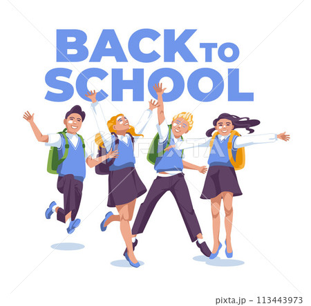 back to school banner, poster. Four happy schoolboys and schoolgirls are jumping on the background of the text. White background 113443973