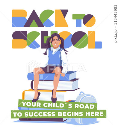 young schoolgirl sitting on a large set of books with a backpack on the background of the text. Advertisement "Back to school". Vector flat illustration 113443983