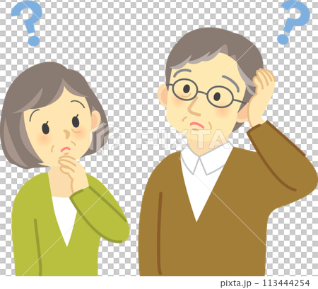 An elderly couple facing each other, looking up at the sky with troubled expressions, the grandfather scratching his head 113444254