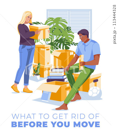 a young couple is packing things together to move home. Interior of a room with paper boxes. Vector flat illustration 113444328