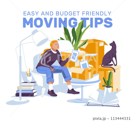 young girl is sitting on the sofa and packing things to move home. Interior of a room with paper boxes and a cat. Vector flat illustration young girl is sitting on the sofa and packing things to move home. Interior of a room with paper boxes and a cat. Vector flat illustration 113444331