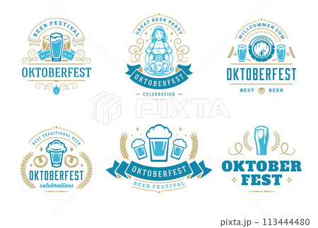 Oktoberfest badges and labels set vintage typographic design templates vector illustration. 113444480