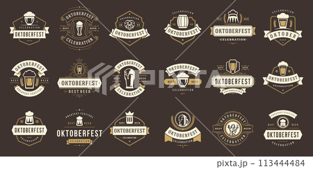 Oktoberfest badges and labels set vintage typographic design templates vector illustration. 113444484