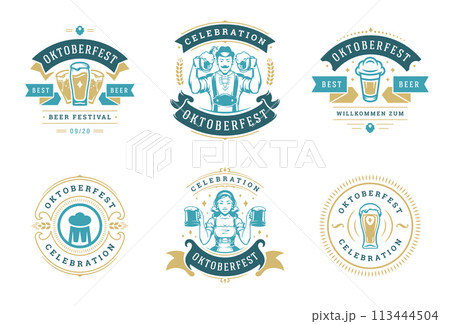 Oktoberfest badges and labels set vintage typographic design templates vector illustration. Oktoberfest badges and labels set vintage typographic design templates vector illustration. 113444504