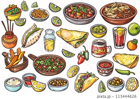 Mexican food - selection of Mexican dishes on white background 113444626