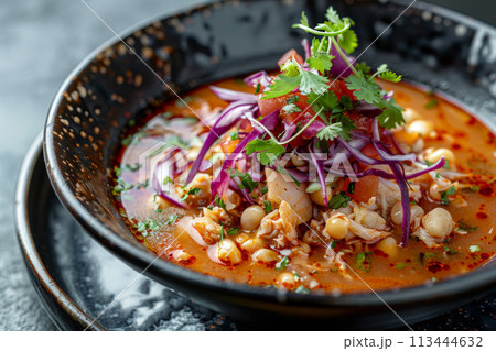Mexican food, pozole, wood background, menu shot 113444632