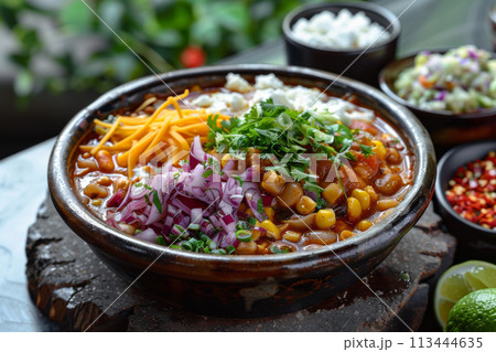 Mexican food, pozole, wood background, menu shot 113444635