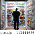 corpulent overweight man choose what to eat for hid diet in fridge  113444686