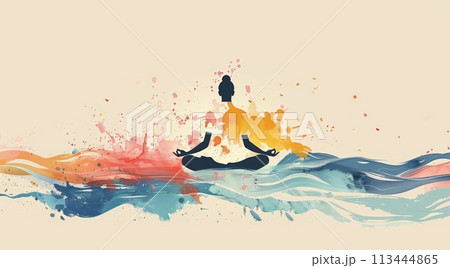 Silhouette of woman practicing yoga on water splash 113444865