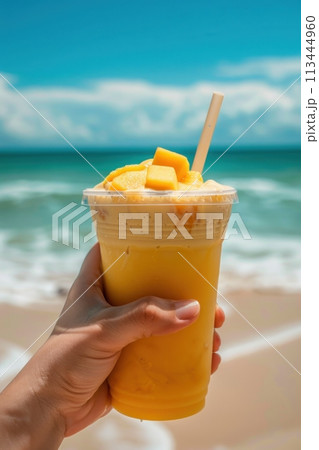 A hand holding a plastic cup of mango smoothie with chunks of mango against the tropical beach and ocean backdrop 113444960