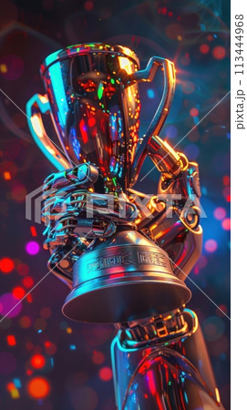 A robot hand holding a trophy with colorful lights in the background 113444968