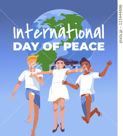 Poster for Peace Day: three children in white clothes jumping on the background of a large globe. Vector flat illustration 113444996