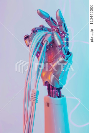 A close up of a robotic hand holding a bundle of wires. A close up of a robotic hand holding a bundle of wires. 113445000