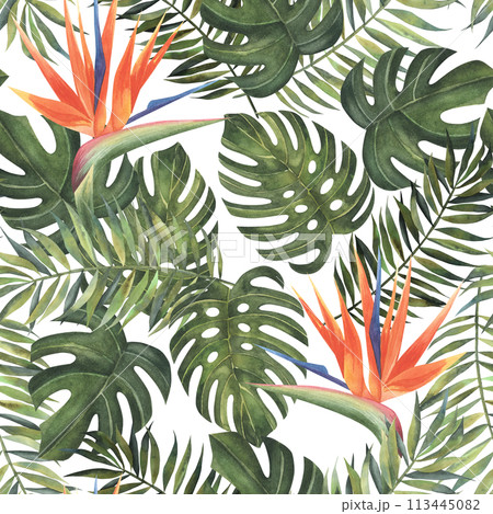 Beach cheerful seamless pattern wallpaper of tropical dark green leaves of palm trees and flowers bird of paradise (strelitzia) on a light yellow background Beach cheerful seamless pattern wallpaper of tropical dark green leaves of palm trees and flowers bird of paradise (strelitzia) on a light yellow background 113445082