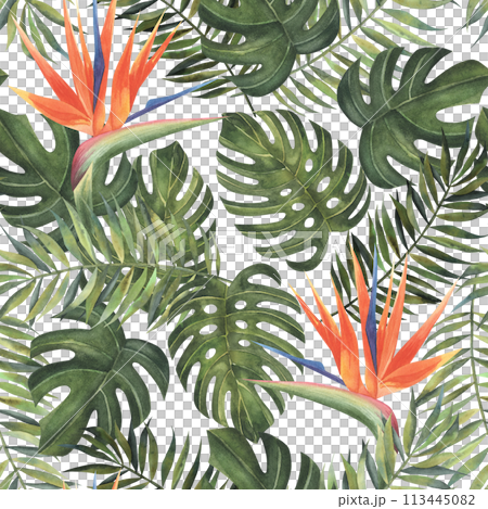 Beach cheerful seamless pattern wallpaper of tropical dark green leaves of palm trees and flowers bird of paradise (strelitzia) on a light yellow background Beach cheerful seamless pattern wallpaper of tropical dark green leaves of palm trees and flowers bird of paradise (strelitzia) on a light yellow background 113445082