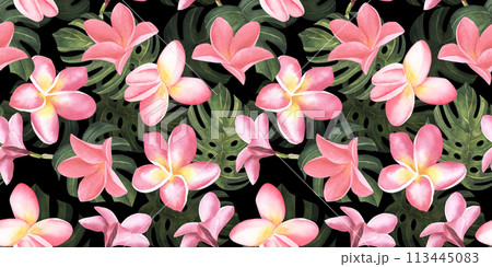 Seamless floral pattern pink plumeria flowers pastel background. Illustration watercolor hand drawing. For fabric print design texture. Black background Seamless floral pattern pink plumeria flowers pastel background. Illustration watercolor hand drawing. For fabric print design texture. Black background 113445083