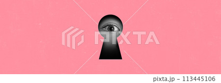 Child, girl looking into keyhole on pink background. Contemporary art collage. Curiosity and exploration 113445106