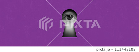 Little baby girl, kid looking into keyhole on purple background. Contemporary art collage. Innocence and sense of wonder about world. 113445108